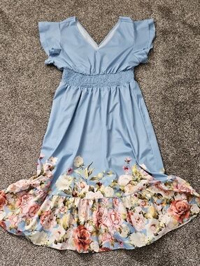 Light Blue Floral Hem Summer Dress